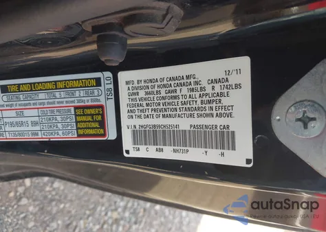 2012 Honda Civic Lx from USA, damaged, VIN 2HGFG3B59CH525141